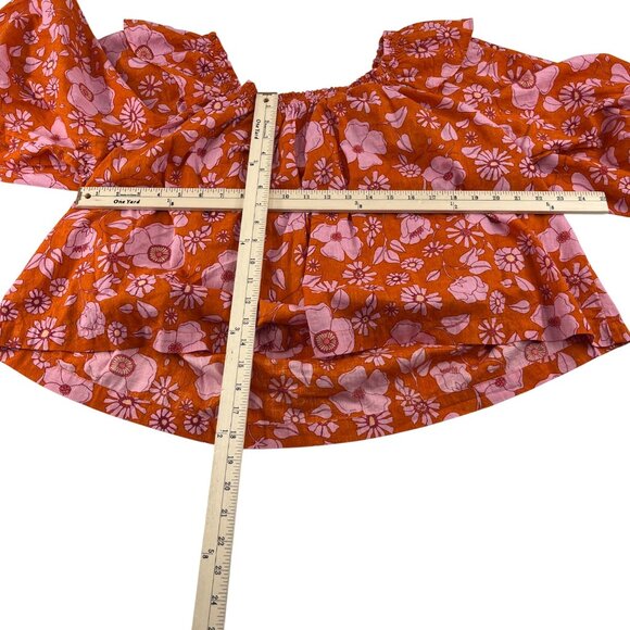 Free People Womens Floral Off Shoulder Top M Orange & Pink 100% Cotton - Picture 4 of 5